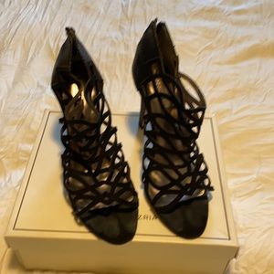 BCBG black leather and suede talia heel